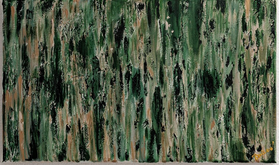Forest — toile horizontale couverte de stries verticales vert sombre, beige et or, à la manière d'un sous-bois.