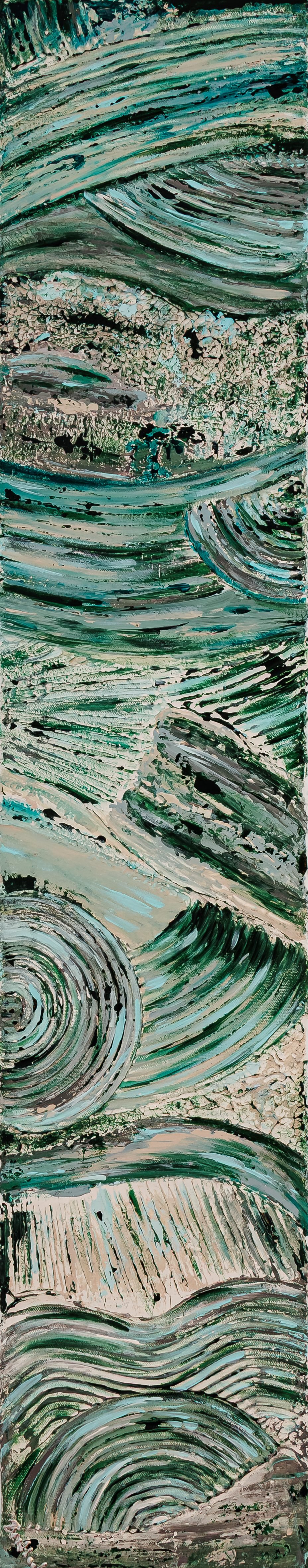 Islande — toile verticale étroite en vert et turquoise, à la matière creusée de vagues et de spirales.