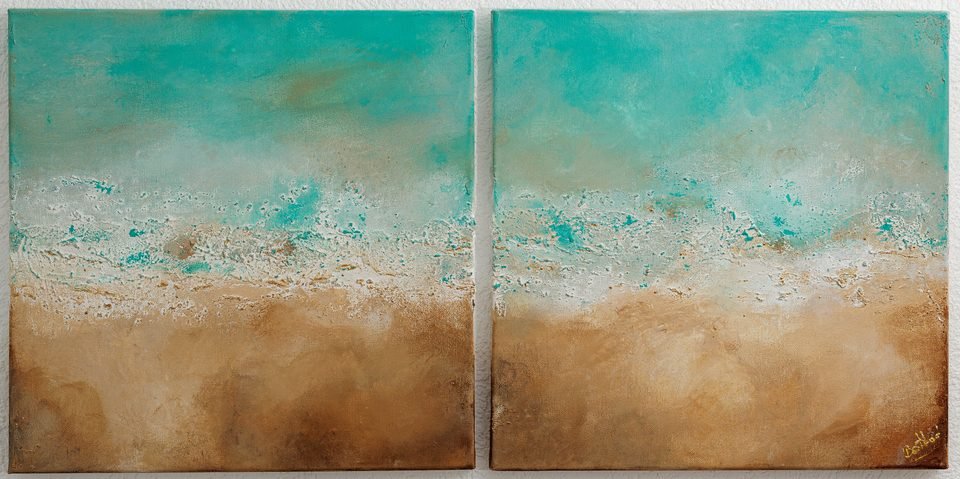 Lagune — diptyque horizontal : deux panneaux turquoise et sable, séparés par un mince intervalle.