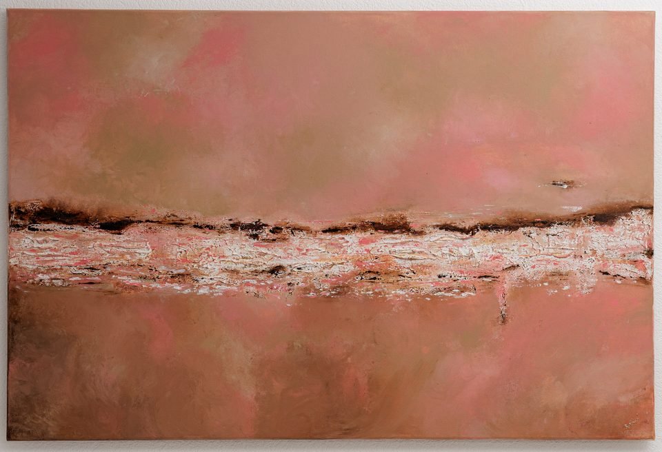Marais Salant — toile horizontale rose et cuivre, traversée en son milieu par une bande de matière blanche et brune.