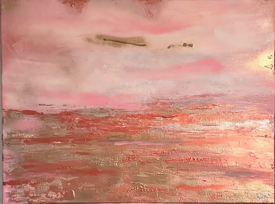 Mirage — paysage abstrait horizontal en rose, corail et cuivre, évoquant un horizon marin au couchant.