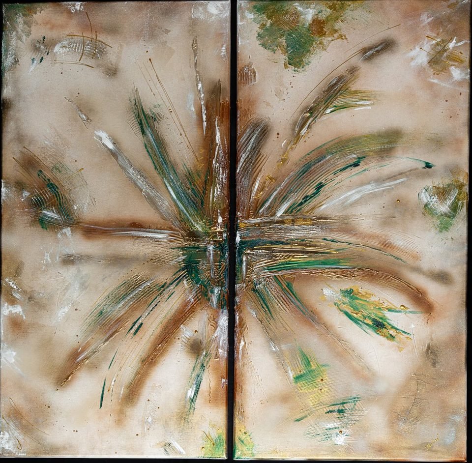 Nature sauvage — diptyque : une gerbe de tiges vertes, brunes et blanches jaillit du centre.